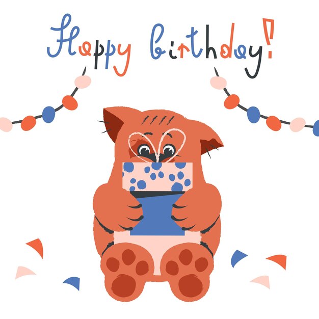 Tarjeta de feliz cumpleaños Jengibre lindo gato feliz felicitar a naranja Gatito divertido sentado con caja de regalo Vector ilustración plana de dibujos animados para tarjeta humorística cubierta de cartel diseño de niños