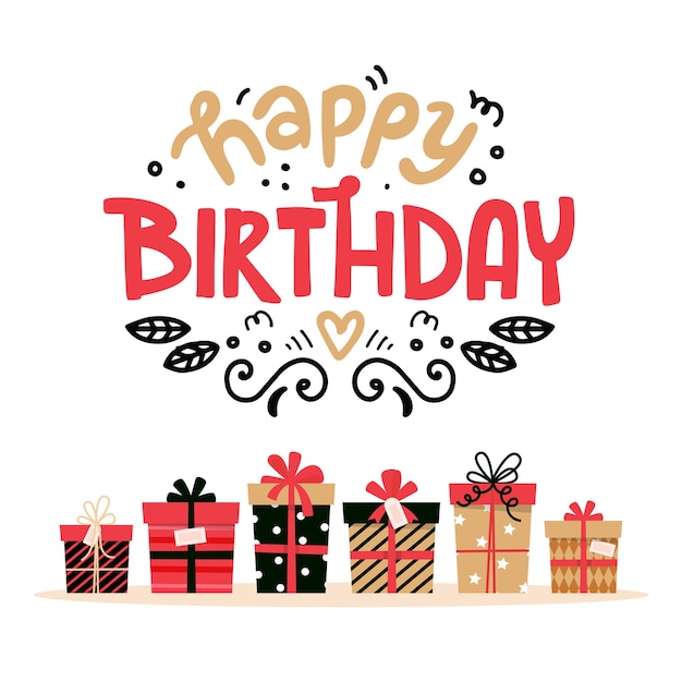 Tarjeta de feliz cumpleaños con letras y regalos. Diseño lindo para tarjetas de felicitación.