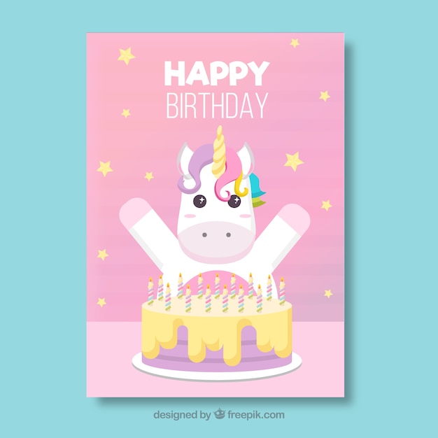 Tarjeta de feliz cumpleaños con lindo unicornio y tarta