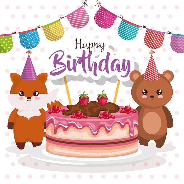 Tarjeta de feliz cumpleaños con osito de peluche y zorro
