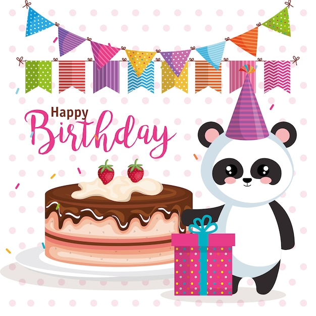 Vector tarjeta de feliz cumpleaños con oso panda