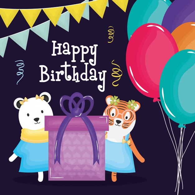 Tarjeta de feliz cumpleaños con oso polar y tigre