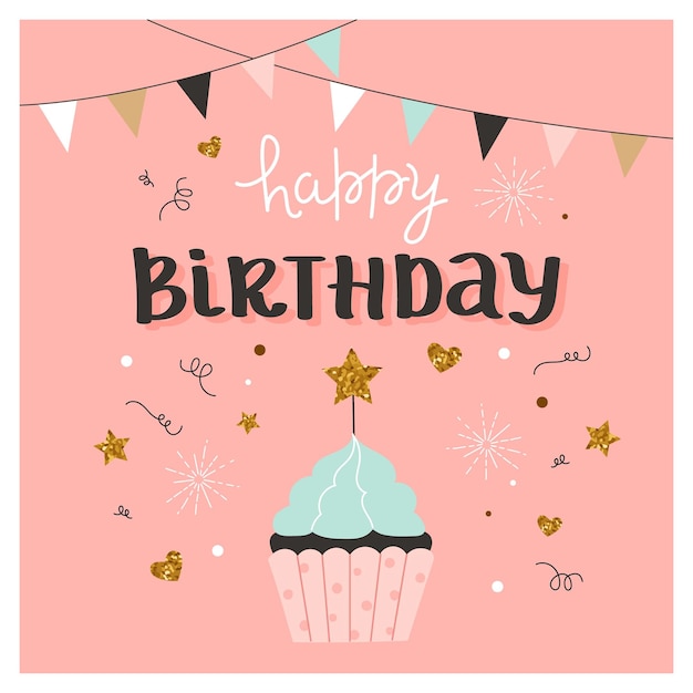 Tarjeta de feliz cumpleaños con pastel y caligrafía Plantilla de ilustración vectorial linda y elegante estilo minimalista de moda