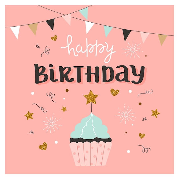 Vector tarjeta de feliz cumpleaños con pastel y caligrafía plantilla de ilustración vectorial linda y elegante estilo minimalista de moda