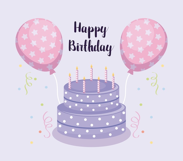 Tarjeta de feliz cumpleaños con pastel dulce y globos de helio