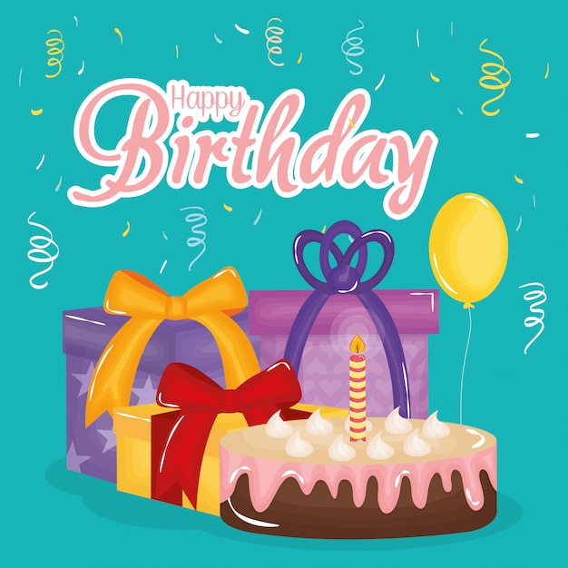 Tarjeta de feliz cumpleaños con pastel, regalos y globos helio.