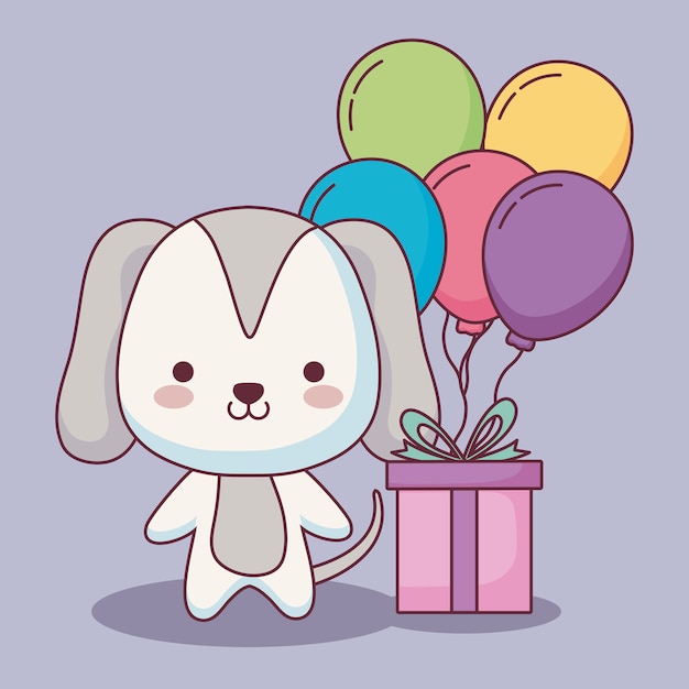 Tarjeta de feliz cumpleaños perro lindo con globos helio y regalo