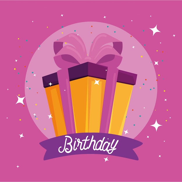 tarjeta de feliz cumpleaños con regalo y decoración de fiesta