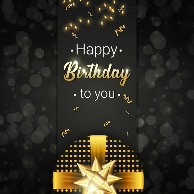 Vector tarjeta de feliz cumpleaños con regalo realista, cintas doradas que caen y destellos brillantes sobre fondo oscuro