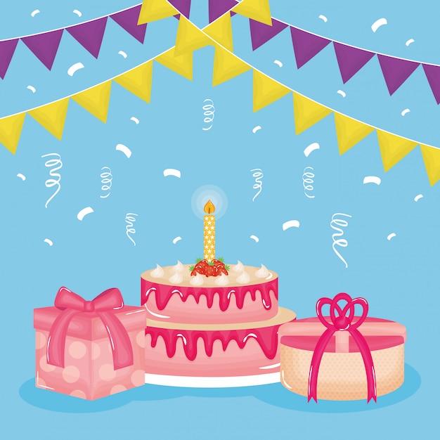 Tarjeta de feliz cumpleaños con regalos y pastel