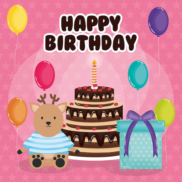 Tarjeta de feliz cumpleaños con renos y pastel