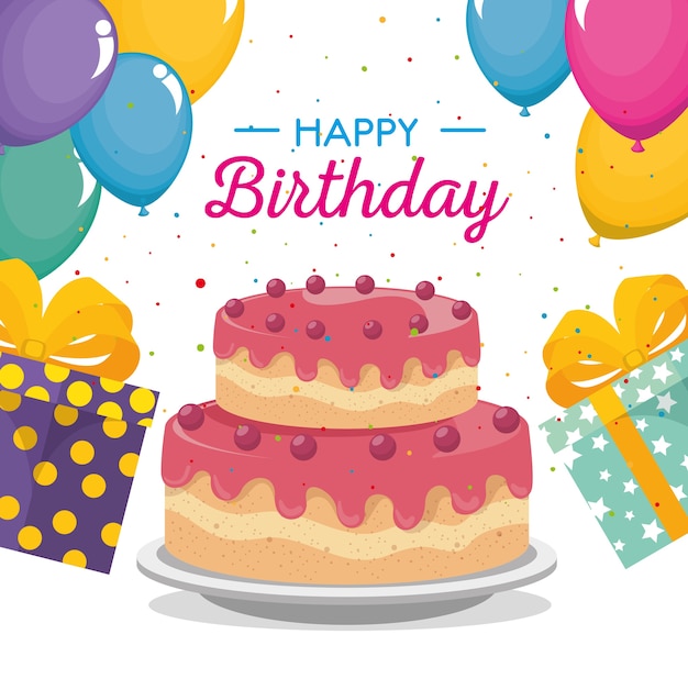 Vector tarjeta de feliz cumpleaños con torta dulce y regalos