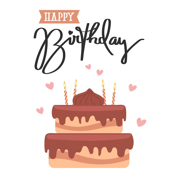 Tarjeta de feliz cumpleaños con velas de pastel y letras caligráficas Ilustración navideña en estilo plano