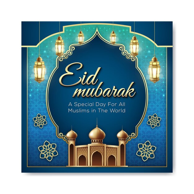 Tarjeta feliz Eid Mubarak con faroles y mezquita.