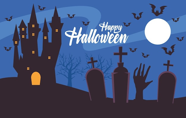 Tarjeta de feliz halloween con castillo embrujado en cementerio