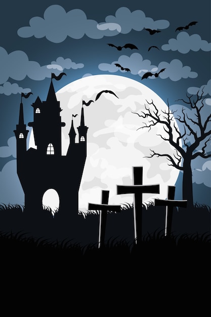 Tarjeta de feliz halloween con castillo embrujado en diseño de ilustración de vector de escena de cementerio