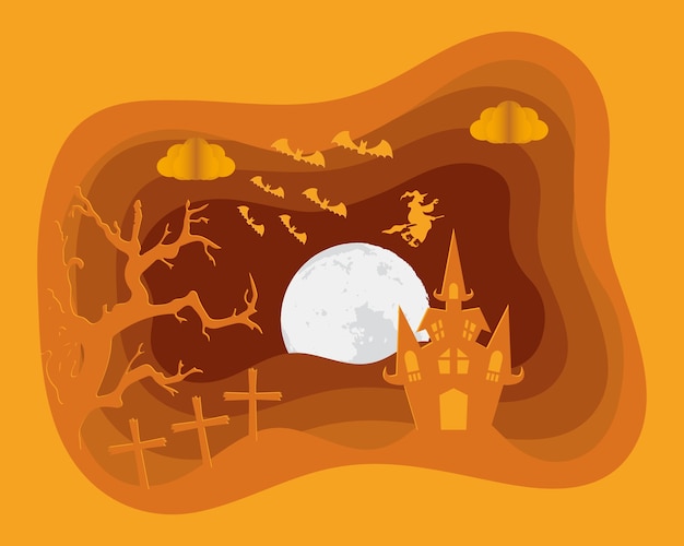 Vector tarjeta de feliz halloween con castillo en la escena del cementerio, diseño de ilustraciones vectoriales