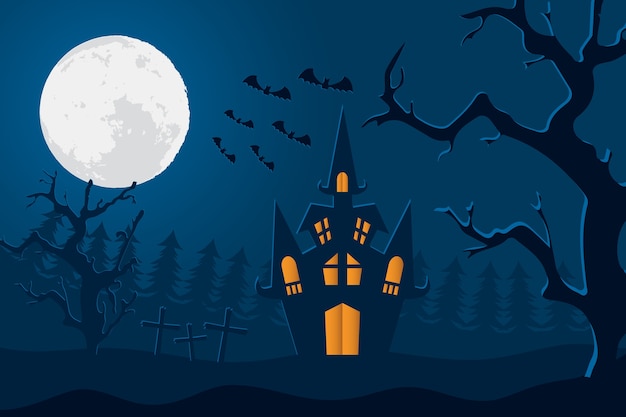 Tarjeta de feliz halloween con castillo y luna en la escena del cementerio, diseño de ilustraciones vectoriales