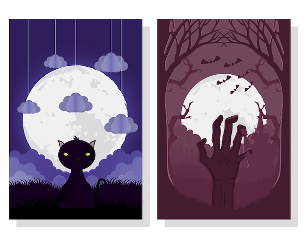 Vector tarjeta de feliz halloween con gato y escenas de la mano de la muerte, diseño de ilustraciones vectoriales