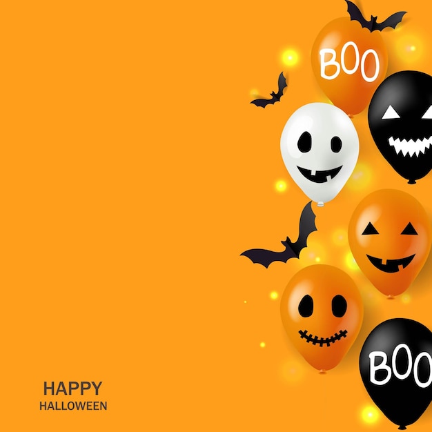 Tarjeta de feliz halloween con globos brillantes y murciélagos
