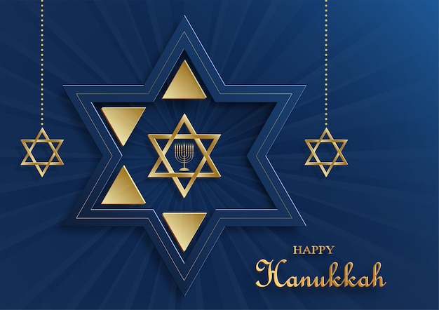 Tarjeta de feliz Hanukkah con símbolos agradables y creativos y estilo de corte de papel dorado sobre fondo de color para la fiesta judía de Hanukkah (traducción: feliz día de Hanukkah, Hag HaHanukka)