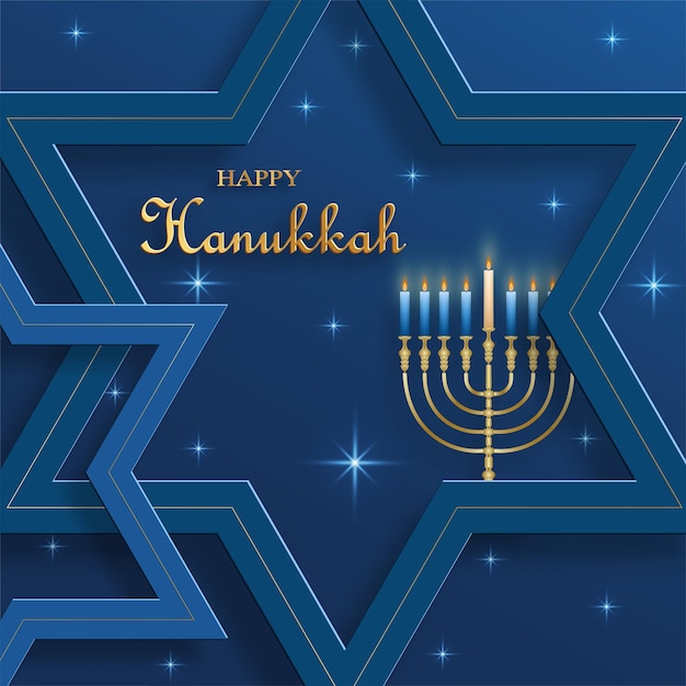 Tarjeta de feliz Hanukkah con símbolos agradables y creativos y estilo de corte de papel dorado sobre fondo de color para la fiesta judía de Hanukkah (traducción: feliz día de Hanukkah, Hag HaHanukka)
