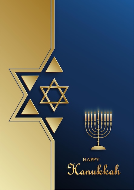 Vector tarjeta de feliz hanukkah con símbolos agradables y creativos y estilo de corte de papel dorado sobre fondo de color para la fiesta judía de hanukkah (traducción: feliz día de hanukkah, hag hahanukka)