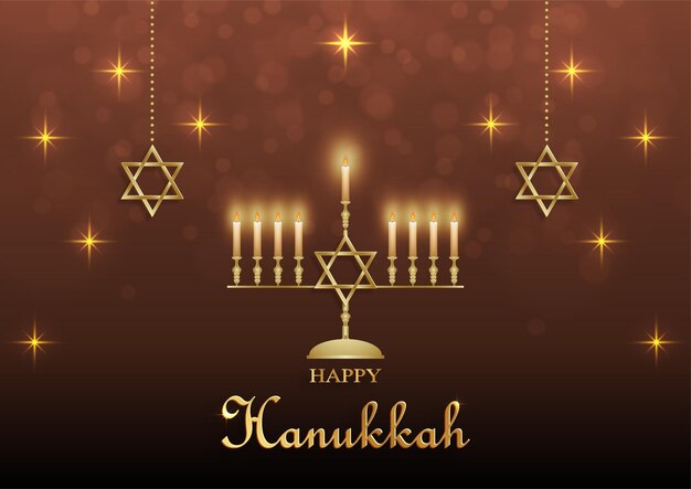 Tarjeta feliz de Hanukkah con símbolos agradables y creativos y estilo de corte de papel dorado sobre fondo de color