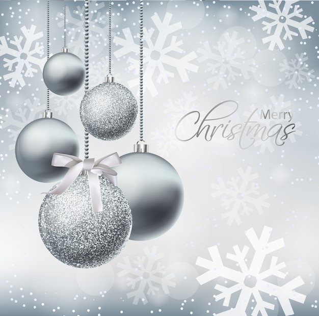 Vector tarjeta de feliz navidad con adornos de plata.