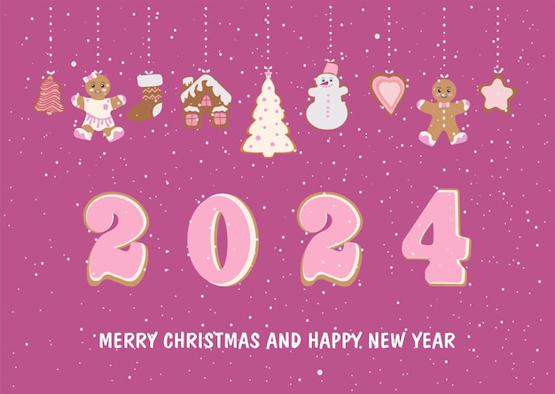 Tarjeta de feliz Navidad y año nuevo 2024 Tarjeta de Navidad con deseos y una composición de elementos festivos pan de jengibre y nieve que cae Vector