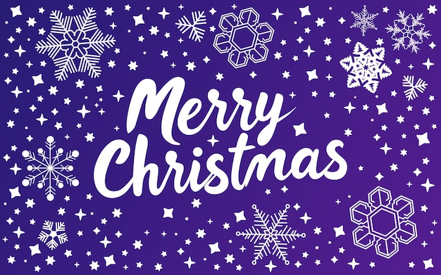 Tarjeta de Feliz Navidad azul y violeta con copos de nieve y estrellas para saludar
