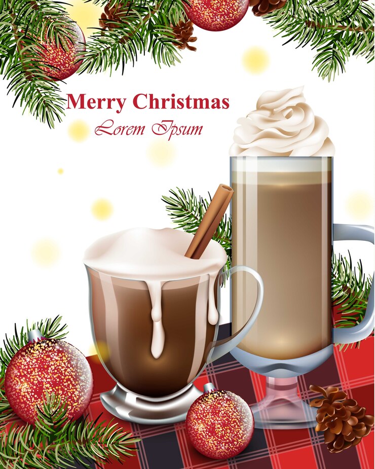 Vector tarjeta de feliz navidad con bebidas calientes de chocolate. fondos de vacaciones de invierno