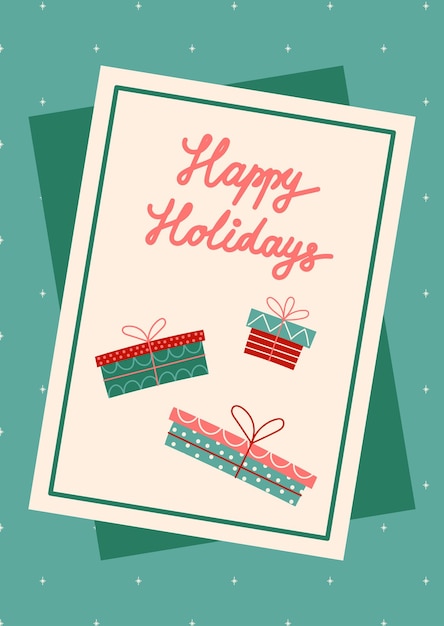 Tarjeta de Feliz Navidad con cajas de regalos Tarjeta de felicitación sobre fondo verde Navidad y Año Nuevo Ilustración vectorial