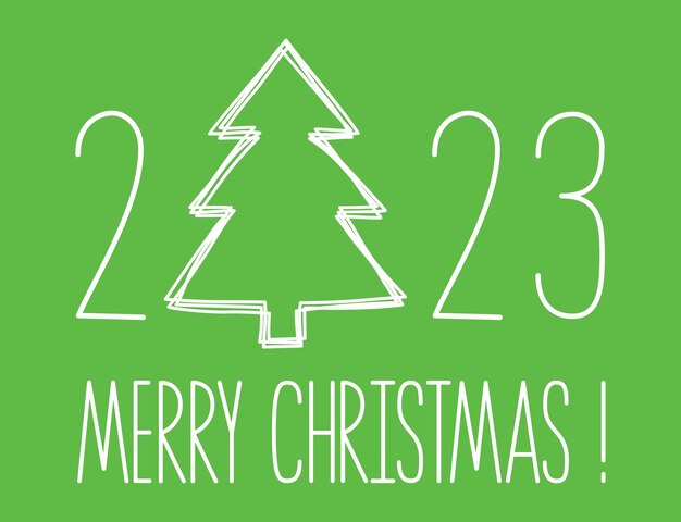 Tarjeta de Feliz Navidad dibujada a mano con pino con arte lineal del año 2023