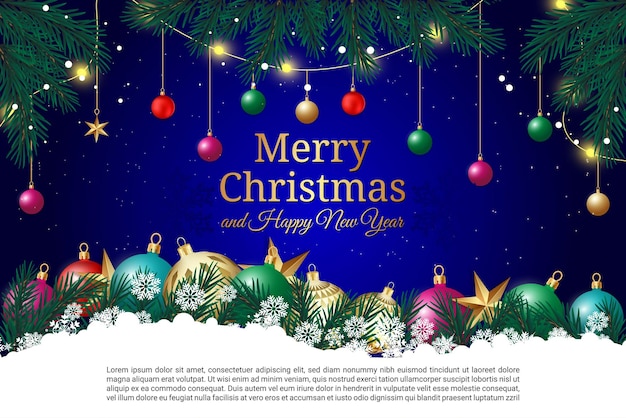 Tarjeta de Feliz Navidad y Feliz Año Nuevo con adornos de colores y ramas de pino sobre un fondo azul