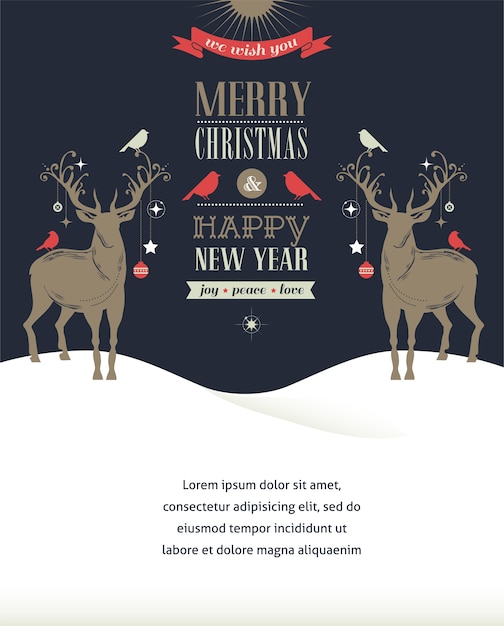 Tarjeta de feliz Navidad y feliz año nuevo con dos ciervos.