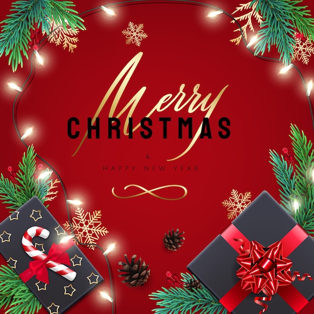 Tarjeta de feliz Navidad y feliz año nuevo con regalos y letras. Fondo rojo con decoraciones navideñas realistas