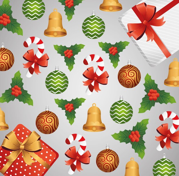 Tarjeta de feliz Navidad feliz con diseño de ilustración de patrón de iconos de conjunto