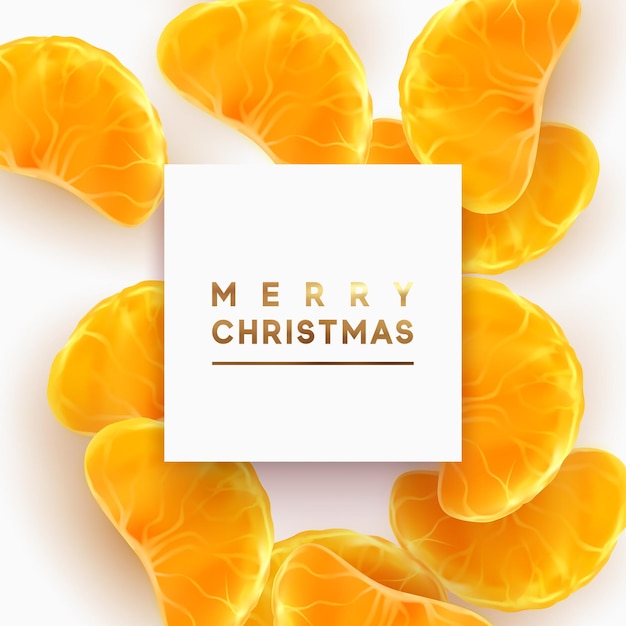 Vector tarjeta de feliz navidad. fondo blanco de frutas. rodajas de naranja y mandarina están esparcidas.