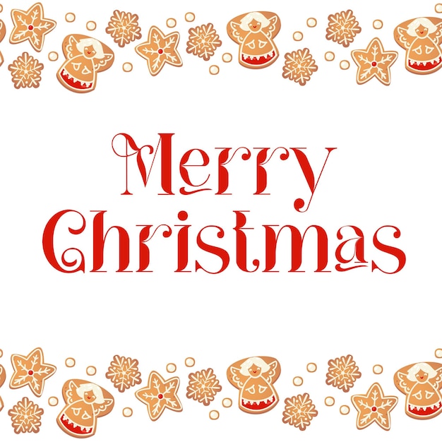 Tarjeta de feliz Navidad con galletas de jengibre. Marco de galletas. Ilustración de vector de diseño de año nuevo.
