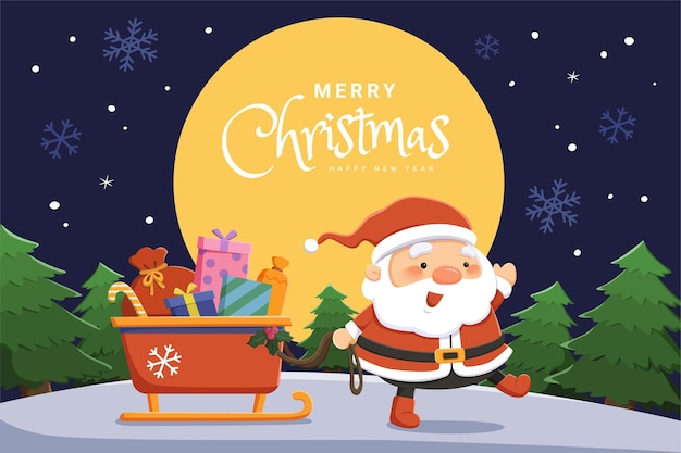 Tarjeta de Feliz Navidad Ilustración plana de Papá Noel arrastrando un trineo lleno de regalos en una noche nevada en el fondo del bosque.