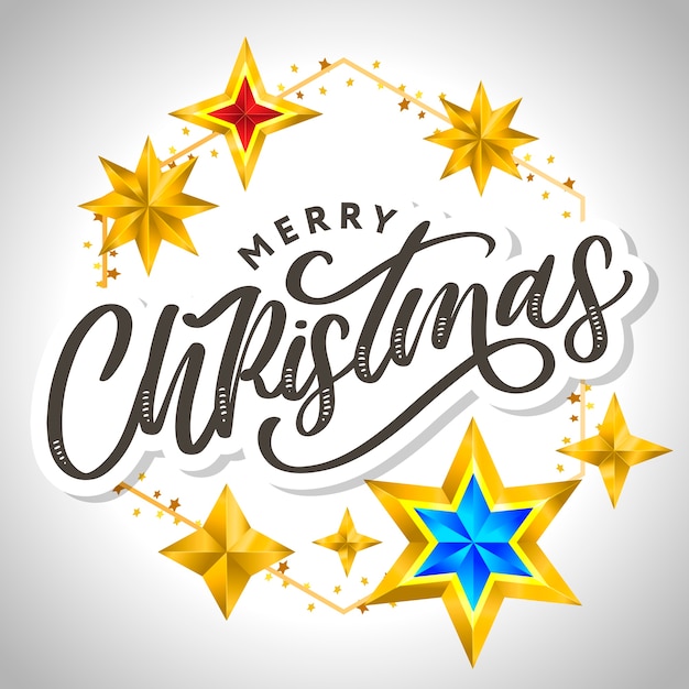 Tarjeta de feliz navidad con letras dibujadas a mano y estrellas sobre fondo oscuro. fondo lindo marco dorado de vacaciones