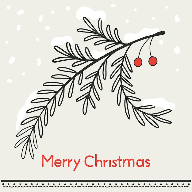 Tarjeta de Feliz Navidad minimalista cuadrada, rama de árbol de Año Nuevo dibujada a mano en la nieve.