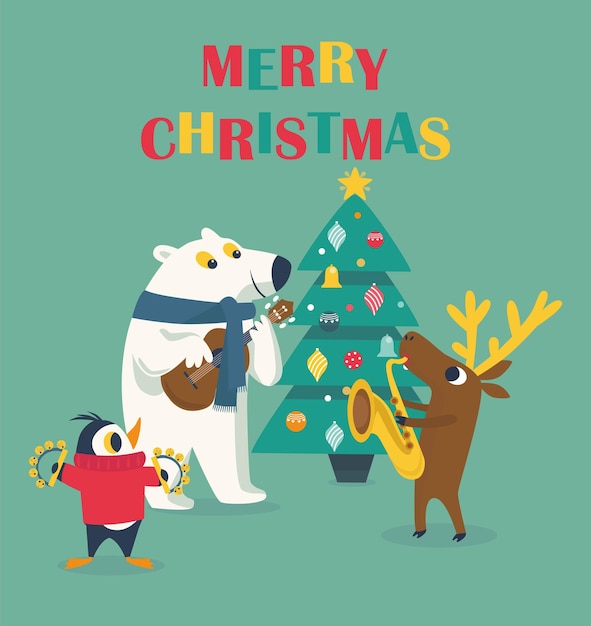 Tarjeta de feliz Navidad con oso polar, árbol, ciervo y pingüino tocando música.