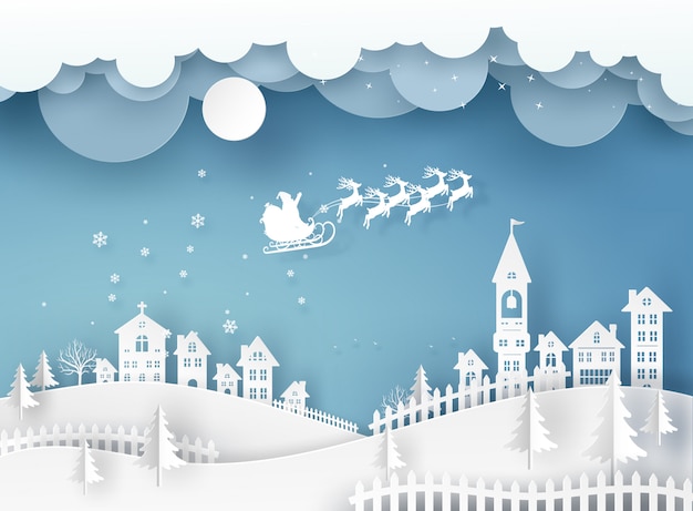Tarjeta de feliz navidad en paisaje invernal con casas y edificios y santa claus en el cielo