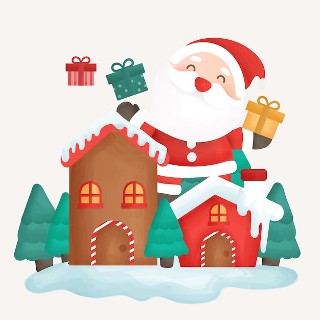 Tarjeta de feliz Navidad con Papá Noel y ciudad de nieve.