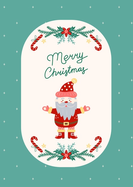 Tarjeta de Feliz Navidad con Papá Noel Tarjeta de felicitación en fondo beige claro y marco verde Ilustración vectorial de Navidad y Año Nuevo