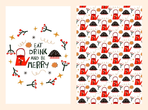 Tarjeta de feliz Navidad y patrón con galletas de pastel, tetera roja, vegetación y estrellas, conjunto vectorial para publicación