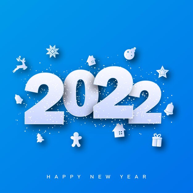Tarjeta de feliz Navidad y próspero año nuevo 2022 con adornos de Navidad sobre fondo azul. Ilustración vectorial