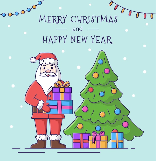 Tarjeta de feliz Navidad y próspero año nuevo con Santa Claus. Ilustración vectorial.